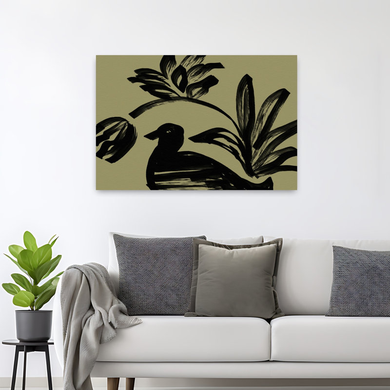 «Brushstroke Bird and Botanicals Abstract Minimalist Modern Bird Nature Plant», reproduction d'art murale, 32" H x 48" W