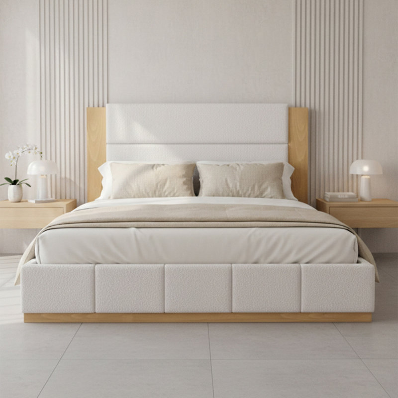 Lit plateforme tapissier avec tête de lit en bois allongée, support à lattes, Blanc, Très grand