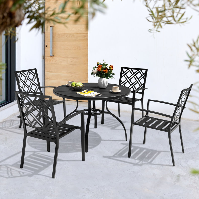5-piece Metal Patio Dining Set With Umbrella Hole, Stackable Design