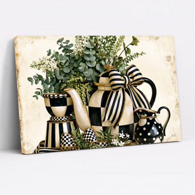 Black And White Checkered And Striped Teapots With Greenery Canvas Wall Art