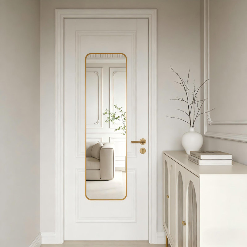 Tempered Glass and Aluminum Alloy Framed Decorative Door Mirror, Gold, 47" x 14", Rectangle