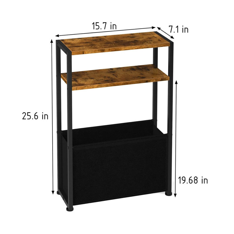 Rustic Brown Slim Rectangular End Table with Fabric Basket