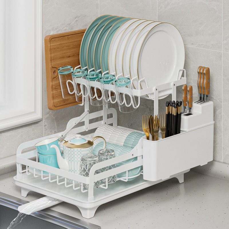 2 Tier Dish Rack,Kitchen Sink Dish Drying Rack,Large Capacity Kitchen Counter Plate Organizer for Bows,Cup,Bottles,White