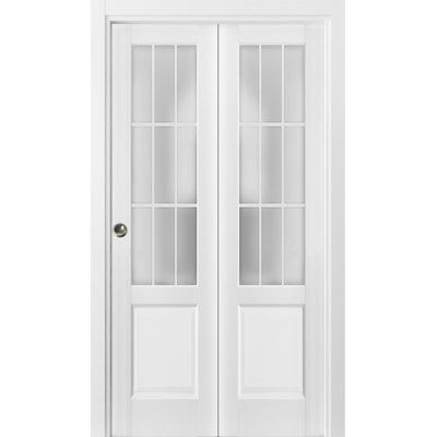 Sliding Closet Bi-Fold Doors 36 X 84 | Felicia 3309 White Silk With Frosted Glass | Sturdy Tracks Moldings Trims Hardware Set | Wood Solid Bedroom Wardrobe Doors