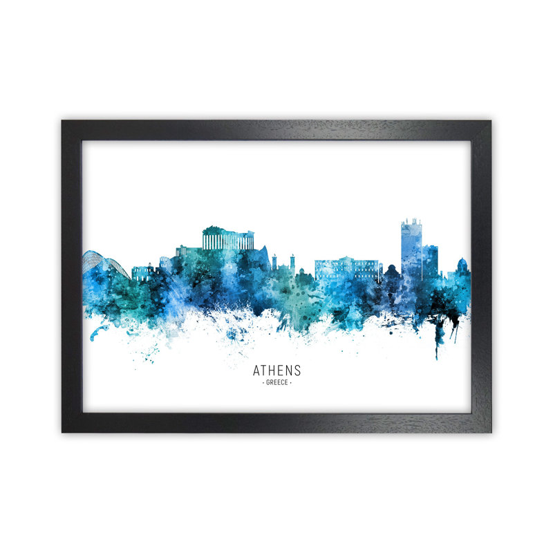 Athens Greece Skyline Blue City Name by Michael Tompsett - Print, Black Framed, 25cm H x 34cm W x 3cm D