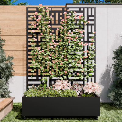 Galvanized Steel Outdoor Privacy Screen with Planter Box, Freestanding Trellis with Lockable Wheels