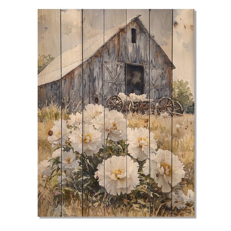 Peonies Near The Dairy Shed - Peonies Wood Print - On Natural Pine Wood, 20" H x 10" W x 0.78" D
