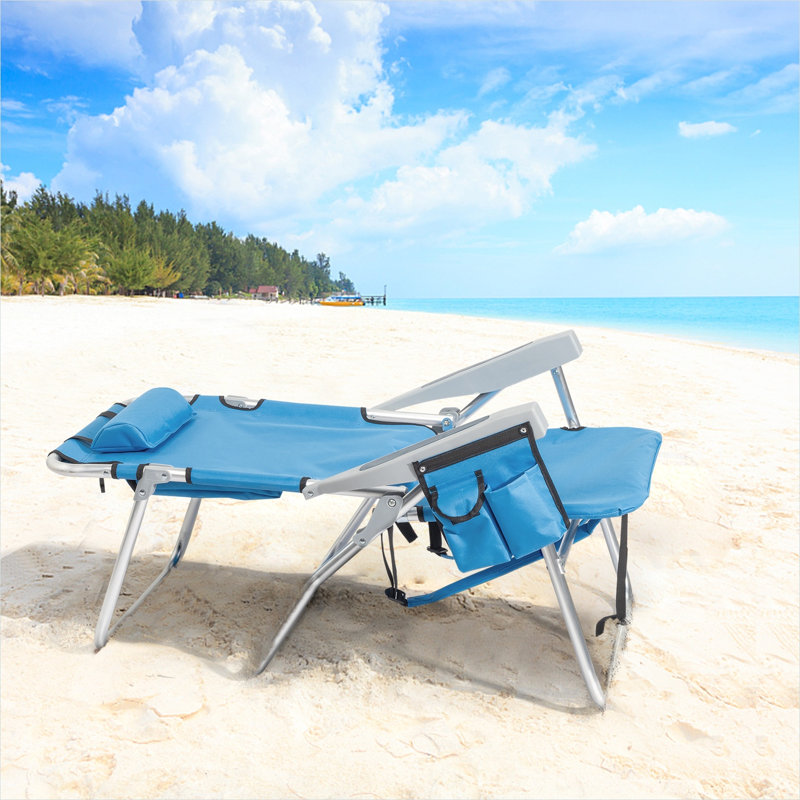 Chaise de plage pliante à assise haute avec dossier réglable en 5 positions et capacité de 100 kg, cadre en aluminium au fini bleu pour le camping et les pique-niques