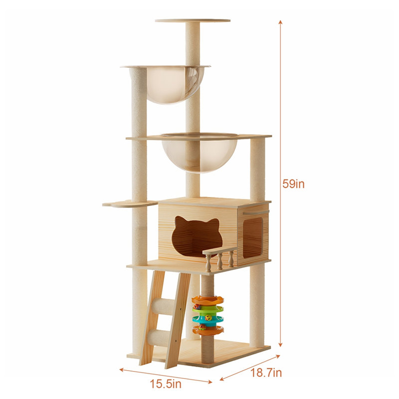 Tour à chat 59 po moderne, tour à chat en bois pour chats d'intérieur, arbre à chat avec poteaux à griffes recouverts de sisal et perchoir supérieur, maisonnette pour chat avec hamac en acrylique pour petits et grands chats