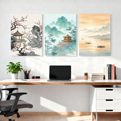 Ensemble de 3 tableaux sur toile représentant des paysages chinois, parfaits pour décorer un salon ou une chambre.