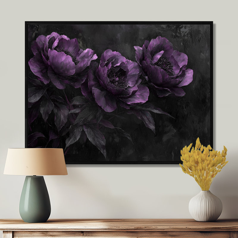 Mauve, noir, pivoines, minuit, fleur - pivoines, art mural grand, H 12 po x l 20 po, Impression encadrée flottante, Noir