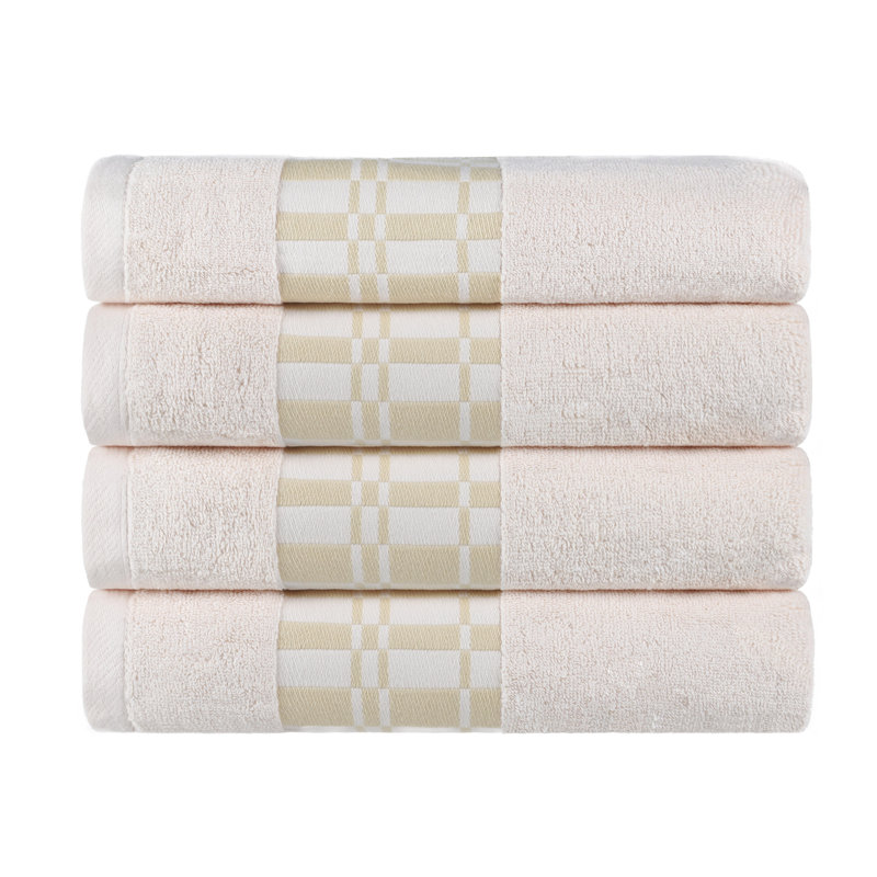 Mikira Larissa Cotton Medium Weight Geometric Border Bath Towel, Ivory