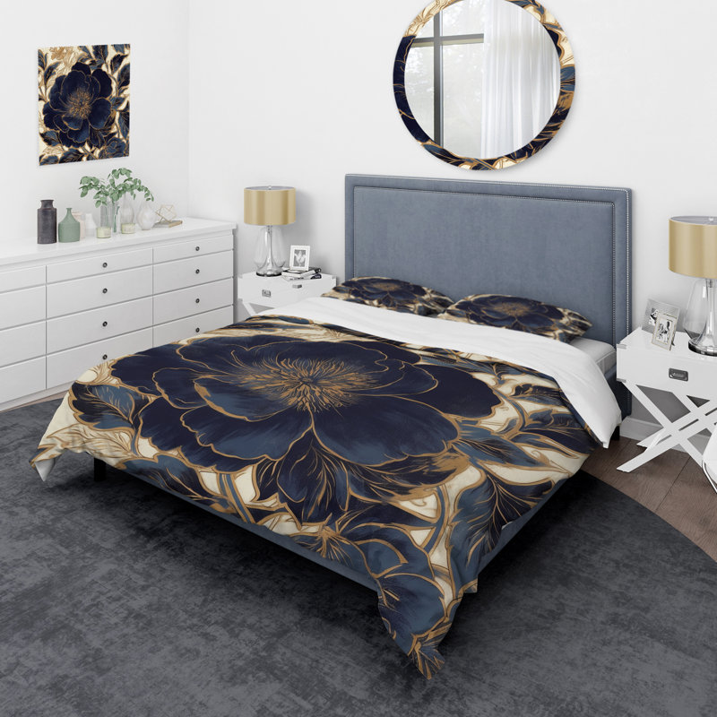 Ensemble de housse de couette en microfibre / polyester Blue Gold, Housse de couette pour grand lit et 2 taies décor