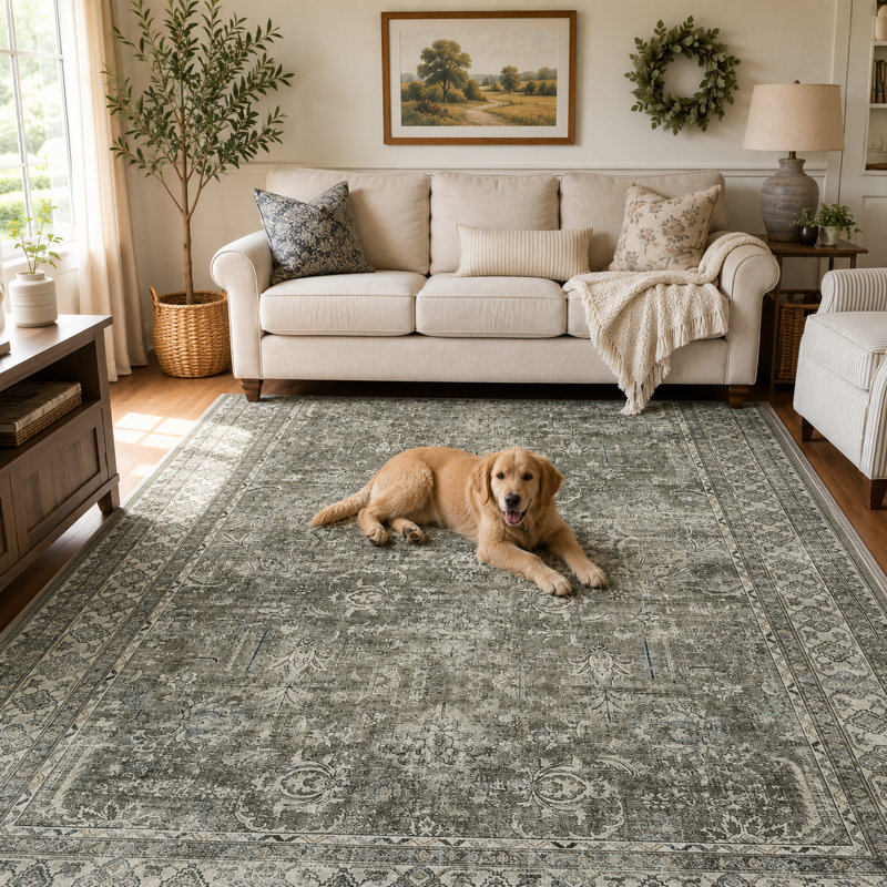 Tapis lavable rétro Boho pour la maison et le bureau, Green, Rectangle 10' x 13'