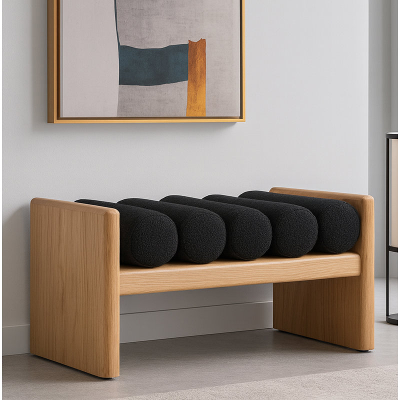 Banc en bois Boucle, H 18 po x l 32 po x P 19 po, Tissu noir bouclé / finition naturelle