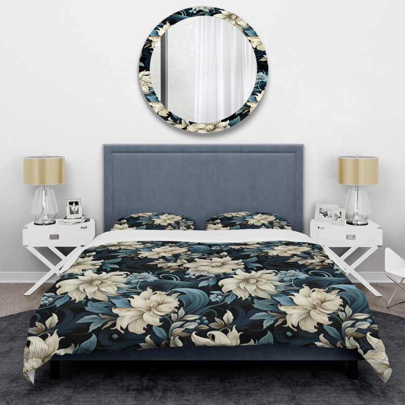 Ensemble de housse de couette à motif floral gris et beige, Housse de couette pour très grand lit et 2 très
