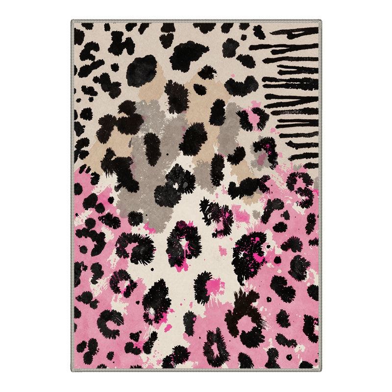 Verona Animal Leopard Print Machine Washable Pink / Beige / Black / Gray Indoor Area Rug with Non-Slip Backing