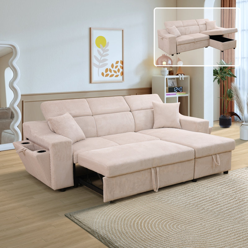 Canapé-lit extensible en velours côtelé 3 pièces de qualité supérieure avec appui-tête réglable, porte-gobelets dissimulés et rangement sous la banquette