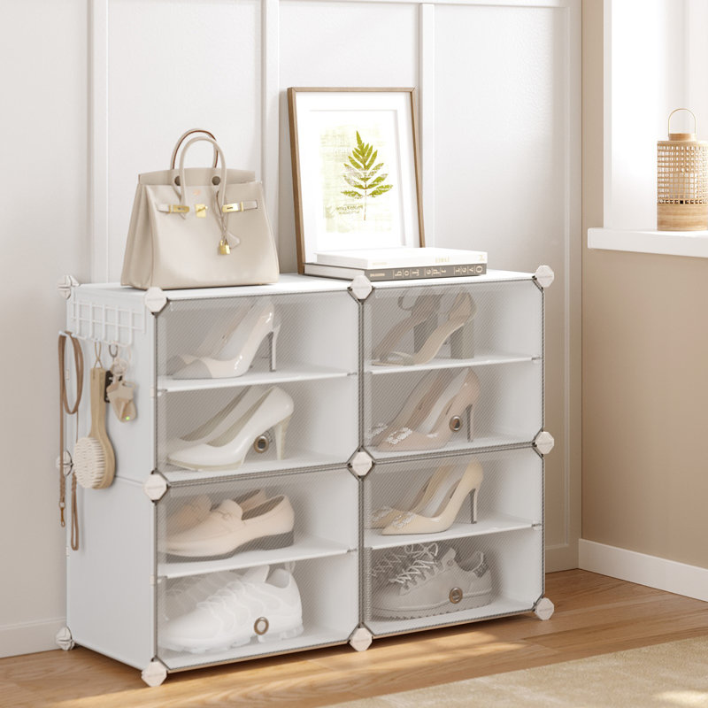 4 Tier 16 Pairs Shoe Rack Organizer, Plastic Shoe Storage Cabinet, 24.8'' H x 32.7'' W x 12.6'' D, White