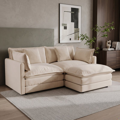 2-Seater Loveseat with Movable Ottoman and Compact L-Shaped Lounge Layout, Light Coffee