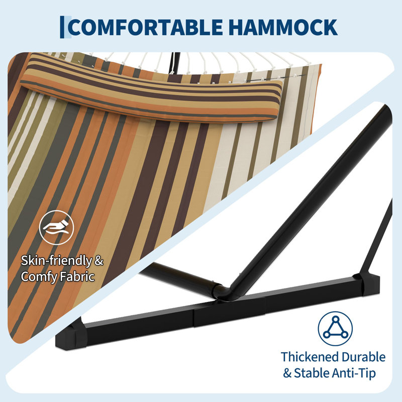 2-Person Double Hammock with Steel Stand & Detachable Pillow | 450lb Capacity, Adjustable Chains, Curved Spreader Bar for Patio, Backyard & Poolside