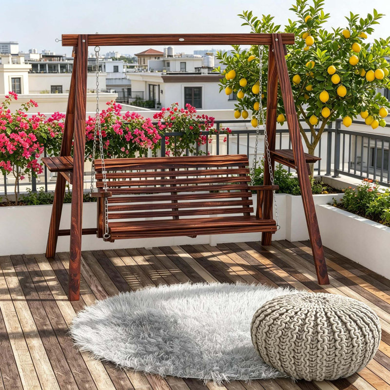 Balancelle d'extérieur 2 places avec support, tables d'appoint et chaînes en métal pour le jardin, Brown