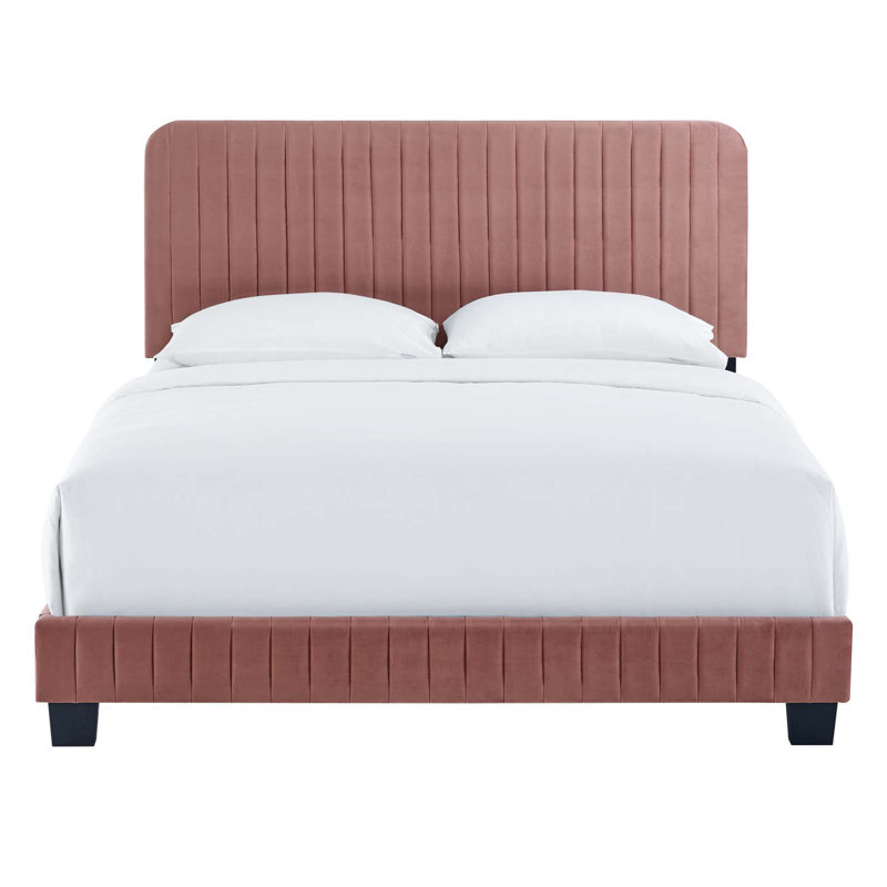 Lit plateforme en velours Celine Channel, Vieux rose, Double
