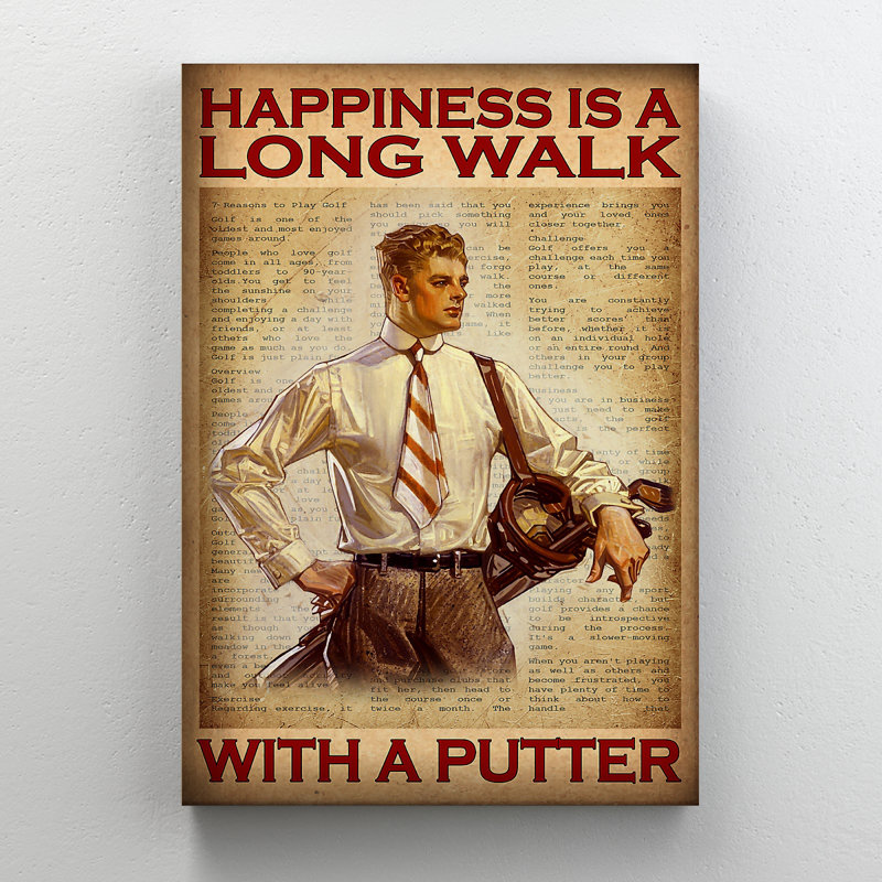 «Golf Man with Putters - Happiness Is A Long Walk», toile tendue avec châssis - Sports Illustration Decor, décor de salon brun