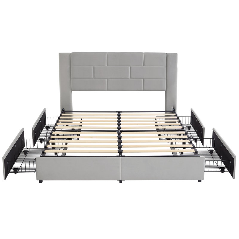 Base de lit double avec 4 tiroirs de rangement et ports USB Denman, Double, Gris foncé