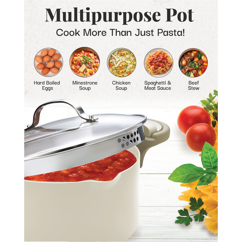Cream Aluminum 5 Qt Nonstick Pasta Pot with Strainer Lid