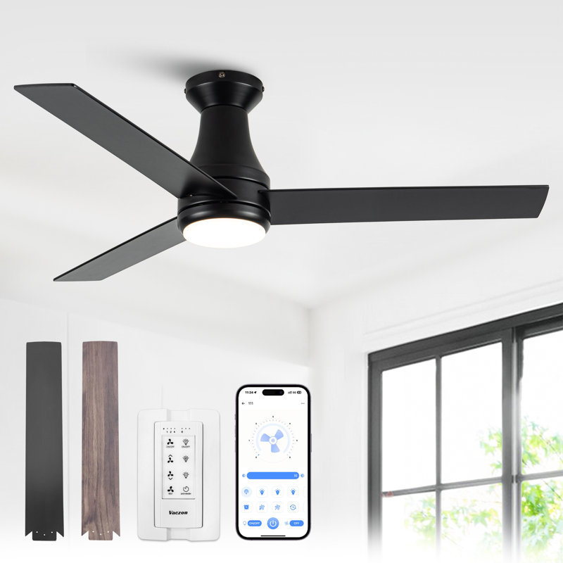 Vaczon 48" Flush Mount Smart Dimmable LED Ceiling Fan, APP and Remote Control, 3 Colors Lights, Double-Sided Wood Baldes, Timer