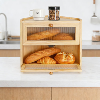 Large Two-Tier Wooden Bread Box With Acrylic Window, Corner Countertop Design For Kitchen Storage, Rustic Farmhouse Style Organizer For Bread, Pastries, And Snacks