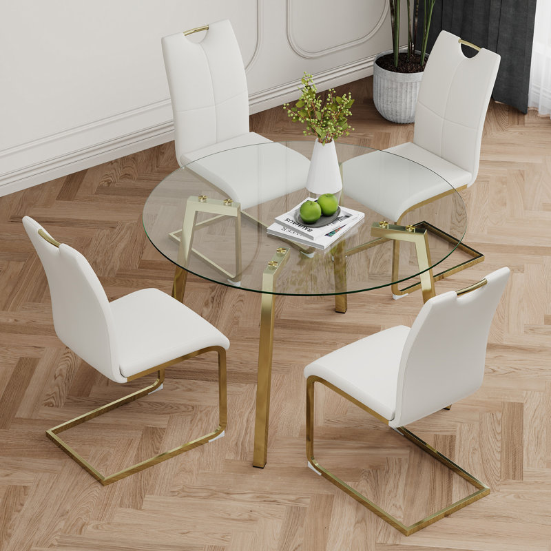 Table ronde en verre de style moderne, 5 pièces: table, 4 chaises, White