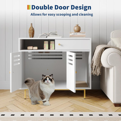 Enceinte de litière pour chat - Meuble de litière caché avec 2 compartiments, tapis de grattage, armoire de rangement à deux portes, entrée avant, évent à persiennes, structure en métal, salle de toilette pour chat, blanc