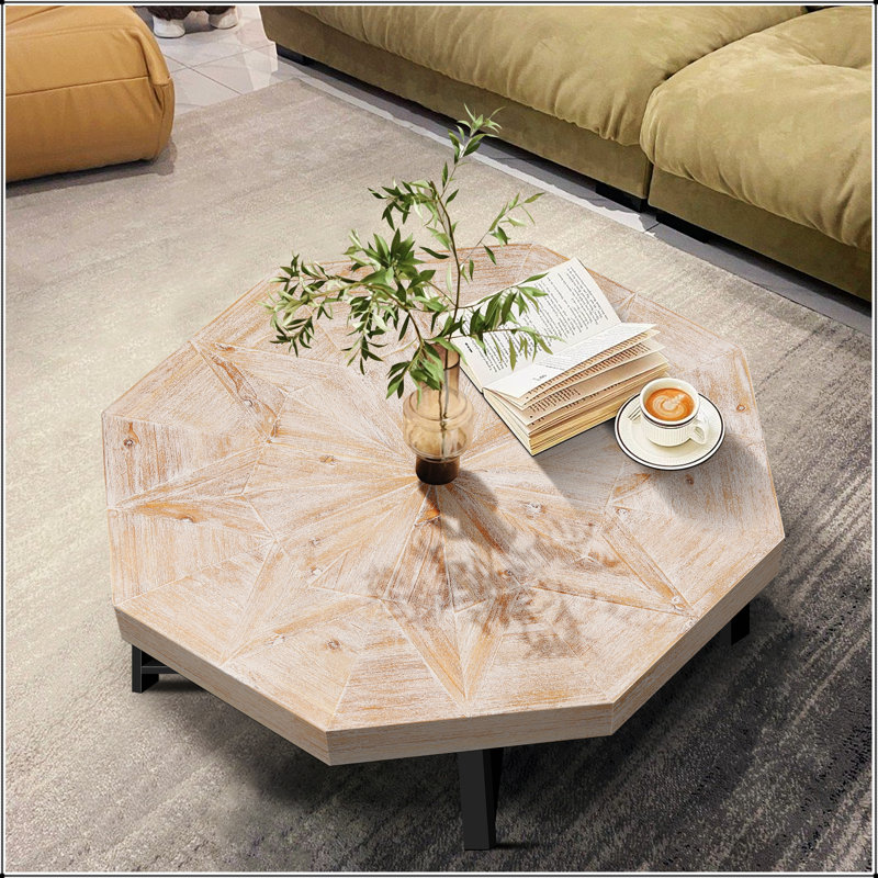 Table basse octogonale en bois avec patchwork, Natural / Oak Natural Wood + Antique White