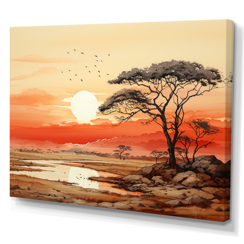 Orange, jaune, paysage africain, impressions sur toile, H 34 po x l 44 po x P 1,5 po, Toile tendue