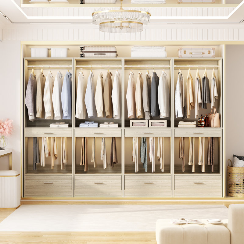 94.4" Closet System Organizer With Hanging Area, Pants Rack & Drawer, 4Pcs, Beige, 80.00"H x 94.40"W x 15.70"D