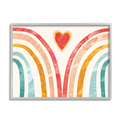Kids Paper Collage Rainbow Heart Design Gray Farmhouse Oversized Rustic Framed Giclee Texturized Art by Daphne Polselli