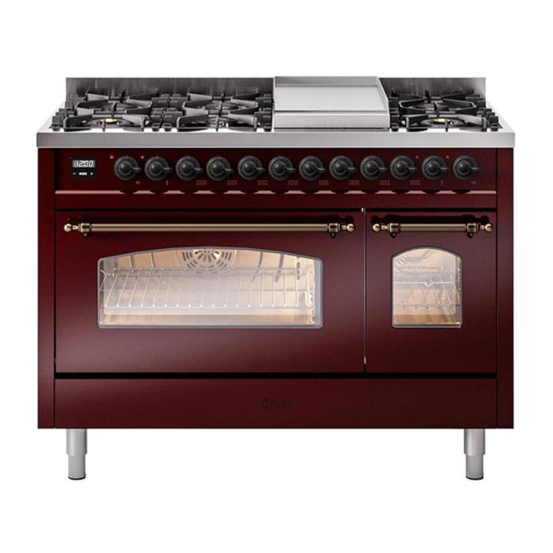 ILVE Nostalgie II Series 48 inch Dual Fuel Range with 8 Sealed Burners, Griddle (Glass Door), Burgundy/Bronze, Natural Gas