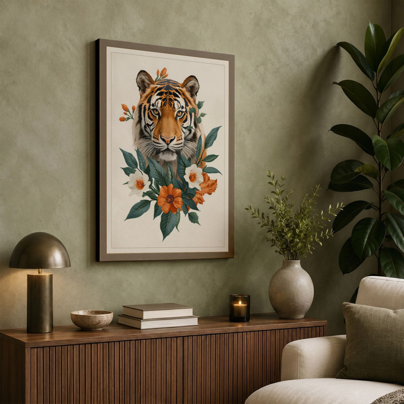 Tiger in Bloom Botanical 1 Piece Wrapped Canvas Wall Art, 24x16 - 61.0 x 40.6 cm, White Border