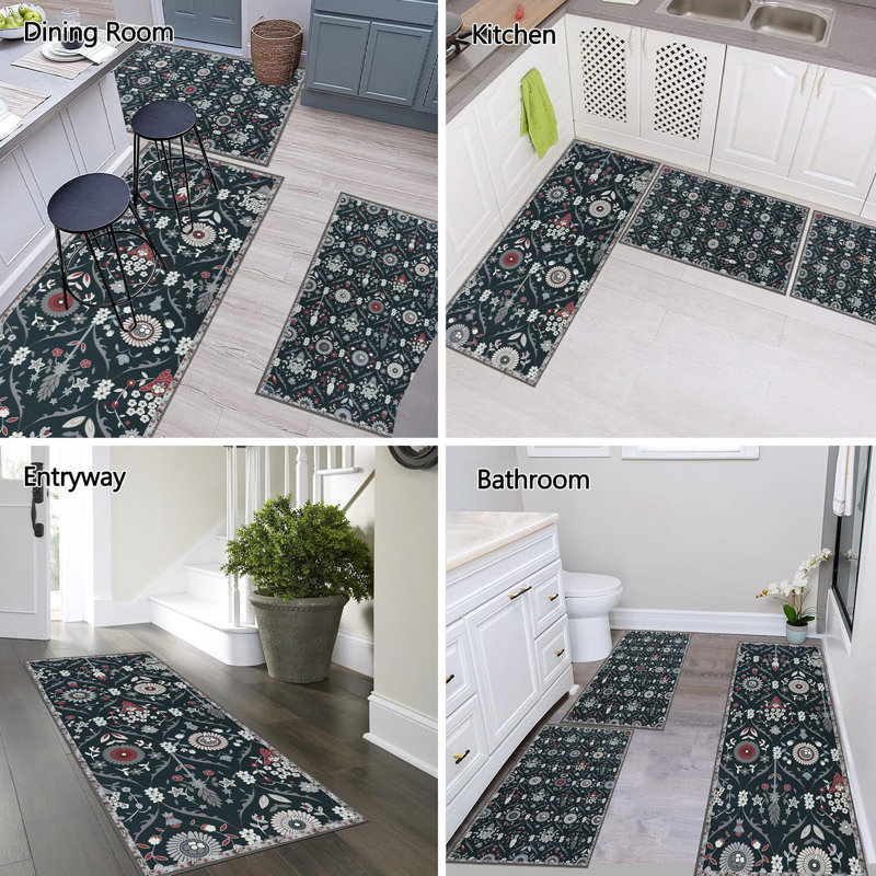 Sets of 3 Moroccan Trellis Kitchen Rug Non Slip Washable Kitchen Mats, Black