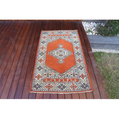 Tapis turc vintage fait à la main en laine orange vif avec motif oriental Oushak et motif Anatolian lumineux pour la décoration intérieure