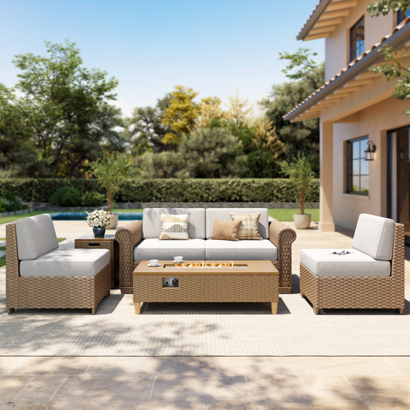 4-seat Outdoor Conversation Sofa Set With Fireplace, 5 Pcs: 2 Chairs, Fire Pit, Loveseat,  Side Table