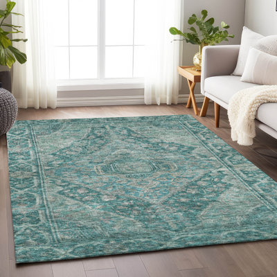 Machine Washable Indoor/Outdoor Xhevrie Teal Rug