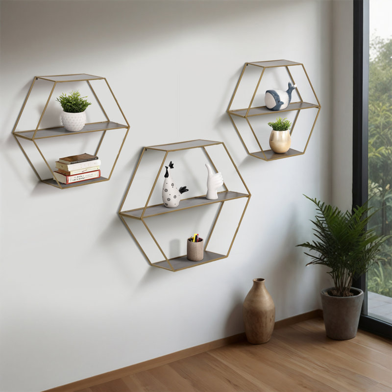 Sculpture hexagonale en métal et bois pour décoration intérieure - Décoration murale décorative pour chambre ou bureau - ensemble de 3, 26 po, 24 po, 21 po, doré