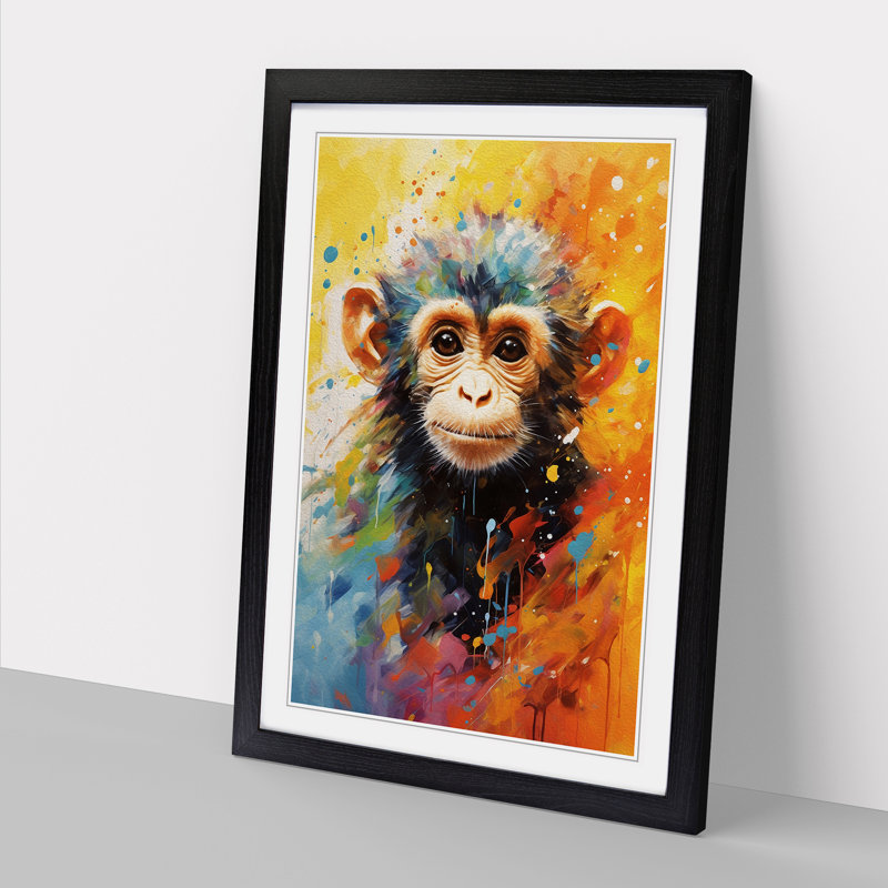 XYZ-FRM-V1223-4538 Monkey Impressionism - Single Picture Frame Print on Wood, 34cm H x 25cm W x 2cm D, Black 