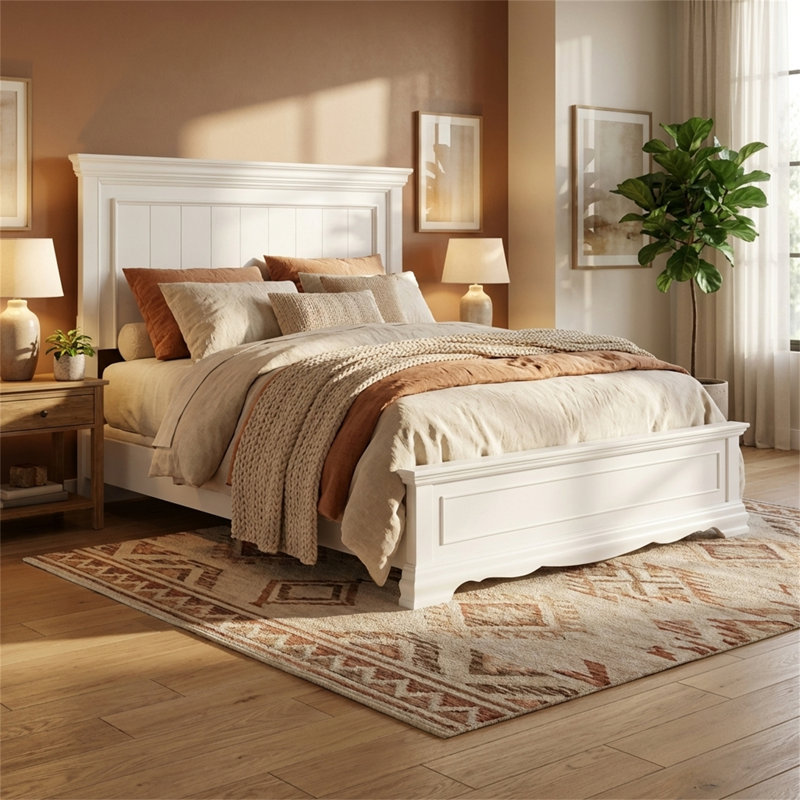 King-Size Bed Frame, White Platform Bed, Exquisite Paneling Details, Solid Wood Frame, Modern Farmhouse Style, King