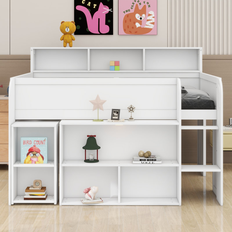 Versatile Modern Loft Bed Frame With Desk, Built-In Shelves And LED Lighting, White