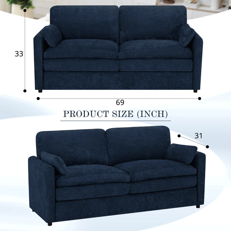 69" Modern Soft Couch With Upholstered Cushion, Chenille Sofa With 2 Well-Filled Pillows, 2-Seat Sofa For Living Room, Bedroom