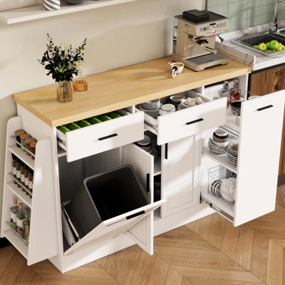 Buffet de cuisine blanc avec rangement multifonctionnel, étagère à épices à 3 niveaux et poubelle escamotable dissimulée. Pour salle à manger organisée avec porte coulissante avec armoire à deux tiroirs